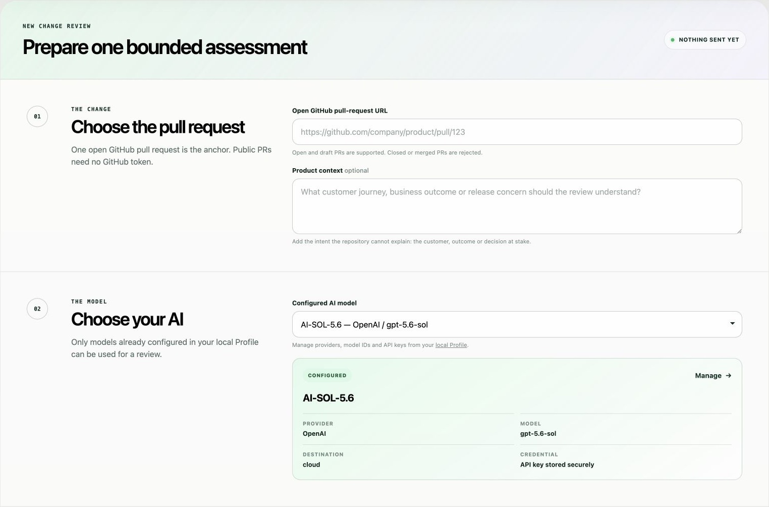 AQA Change Review workflow for preparing a new pull request review and selecting an AI model